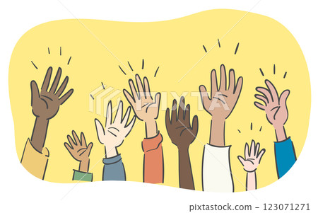 An illustration of various hands raised in the air 123071271