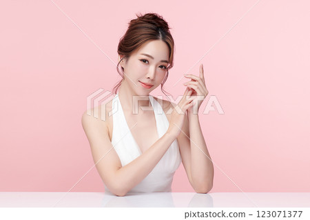 Beautiful young asian woman with clean fresh skin on pink background, Face care, Facial treatment, Cosmetology, beauty and spa, Asian women portrait. 123071377