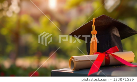 Graduation cap with diploma scroll on nature background 123071559