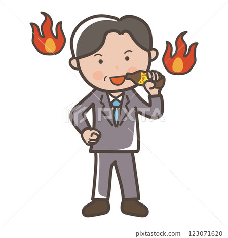A full-body illustration of a middle-aged male businessman drinking a nutritional drink to get pumped up 123071620