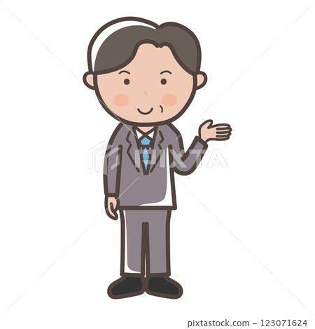 一位中年男性商人進行解釋和指導的全身插圖 一位中年男性商人進行解釋和指導的全身插圖 123071624