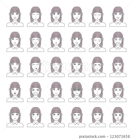 Various facial expressions girls set 30 patterns long hair 123071658