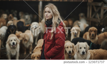 Young volunteer stands peacefully among group of golden retrievers in animal shelter. Pet adoption and care, dog rescue 123071737