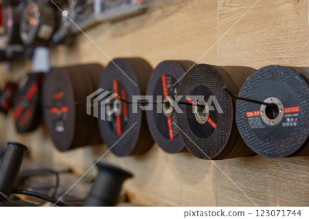 Hardware store display with abrasive cutting wheels for grinding machine 123071744