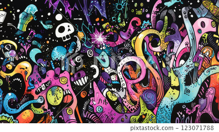 abstract shapes that morph into playful characters, fantasy symbols, and quirky doodles 123071788