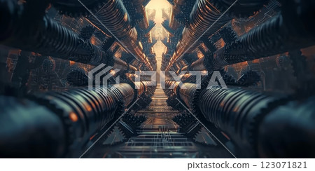 surreal landscape with repeating geometric shapes, pipes, and gears, creating a mesmerizing industrial pattern 123071821
