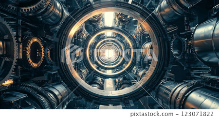 surreal landscape with repeating geometric shapes, pipes, and gears, creating a mesmerizing industrial pattern 123071822