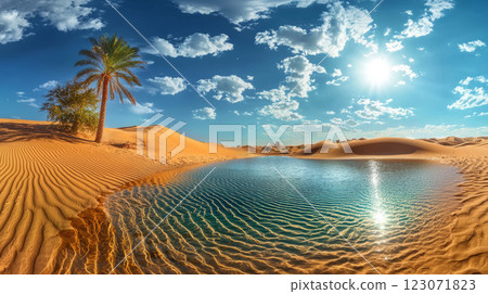 Desert Landscapes with Oasis and Bright Sun 123071823