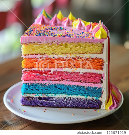 Colorful Layered Cake Slice with Sprinkles on a White Plate Close-Up Colorful Layered Cake Slice with Sprinkles on a White Plate Close-Up 123071919