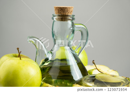 Apple cider vinegar in a glass vinegar bowl among apples Apple cider vinegar in a glass vinegar bowl among apples 123071934