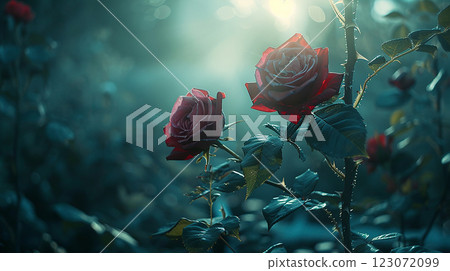 Subtle floral background with soft pastel roses in shades of blue and pink, copy space. 123072099