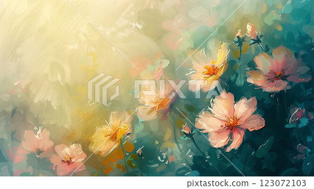 Floral background with copy space, romantic soft greeting card design, painting with oil colors Floral background with copy space, romantic soft greeting card design, painting with oil colors 123072103