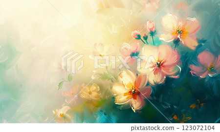 Floral background with copy space, romantic soft greeting card design, painting with oil colors Floral background with copy space, romantic soft greeting card design, painting with oil colors 123072104