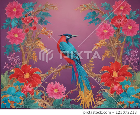 Exotic Bird and Floral Illustration, A Decorative Art Print 123072218