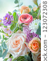 Beautiful pastel flower bouquet spring holiday greeting card design 123072308