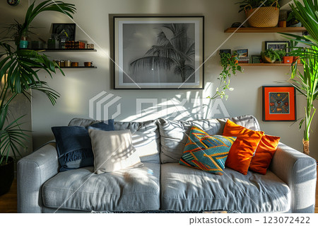 Interior fragment of a modern living room with a comfortable sofa, houseplants and shelves 123072422