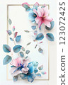 Elegant frame of pastel blue and pink spring flowers with empty space in the middle 123072425
