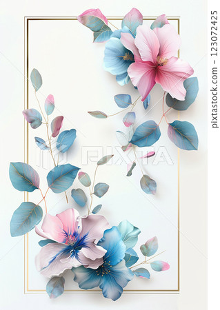 Elegant frame of pastel blue and pink spring flowers with empty space in the middle 123072425