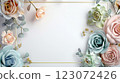 Horizontal frame of pastel blue and pink spring flowers with empty space in the middle 123072426