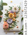 Beautiful pastel flower bouquet spring holiday greeting card design 123072429
