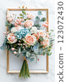Vertical frame of pastel blue and pink hydrangeas flowers on white 123072430