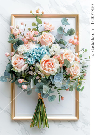 Vertical frame of pastel blue and pink hydrangeas flowers on white 123072430