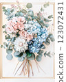 Vertical frame of pastel blue and pink hydrangeas flowers on white 123072431