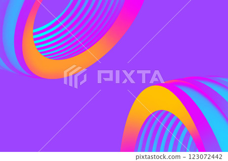 Abstract geometric background with vibrant 3D curved structures in neon pink, yellow, and blue on a purple backdrop. Modern digital artwork featuring circular shapes and futuristic design. Abstract geometric background with vibrant 3D curved structures in neon pink, yellow, and blue on a purple backdrop. Modern digital artwork featuring circular shapes and futuristic design. 123072442