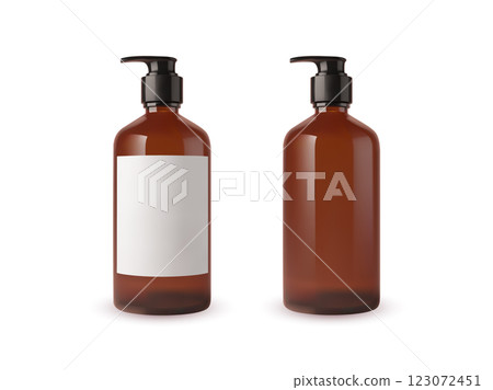 Amber bottle pump mockup with blank label vector. Realistic packaging template for cosmetics, shampoo, lotion, liquid soap, or skincare products. Minimalistic design of amber shampoo bottle on a white Amber bottle pump mockup with blank label vector. Realistic packaging template for cosmetics, shampoo, lotion, liquid soap, or skincare products. Minimalistic design of amber shampoo bottle on a white 123072451
