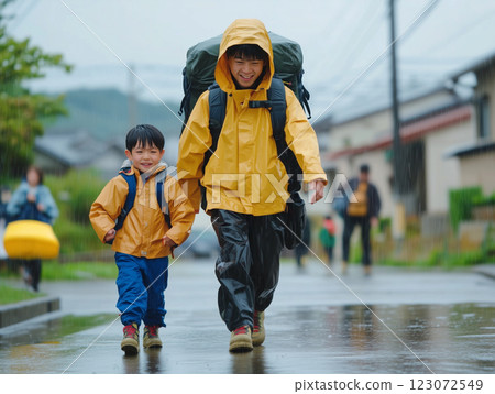 Parents and children evacuating early in preparation for a disaster 123072549