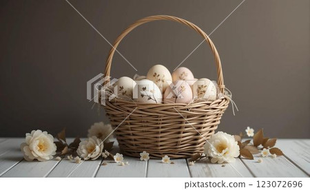 Softly Colored Easter Eggs in Wicker Basket 123072696