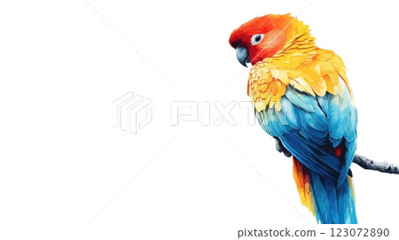 Bright parrot perched on a branch with vibrant colors in a tranquil setting featuring ample copy space. Generative AI 123072890