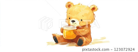 Cute illustrated teddy bear holding a jar of honey sitting on the ground in a bright and cheerful setting. Generative AI 123072924