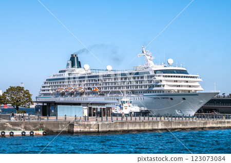 Yokohama cityscape in Japan, including the Crystal Symphony, which is making its first port visit. Osanbashi Pier on the right (February 13, 2025) 123073084