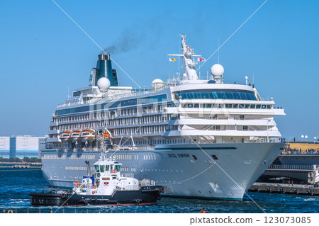 Yokohama cityscape in Japan, including the Crystal Symphony, which is making its first port visit. Osanbashi Pier on the right (February 13, 2025) 123073085