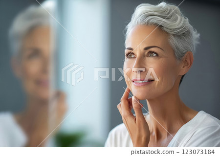 Positive Aging: Joyful Elderly Woman Embraces Daily Skincare 123073184