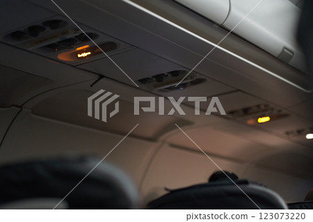Special attention is paid to the ceiling of the passenger aircraft, where safety elements, buttons and switches such as an oxygen mask are located. With the ability to copy. High quality photo Special attention is paid to the ceiling of the passenger aircraft, where safety elements, buttons and switches such as an oxygen mask are located. With the ability to copy. High quality photo 123073220