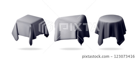 3D tables with cloth covers in various shapes 123073416