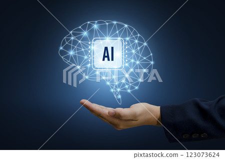 Illustration of an abstract futuristic background with digital technology and artificial intelligence concepts. The text AI 123073624