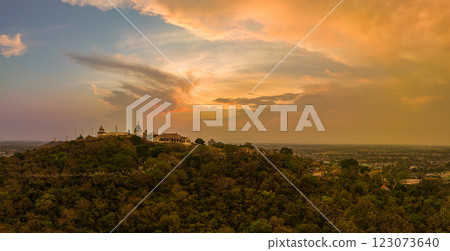 aerial view beautiful sunset above the palace in Phetchaburi city on hilltop. 123073640