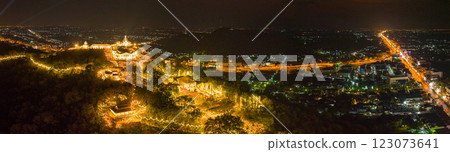 Fireworks Over Illuminated Hilltop Temple 123073641