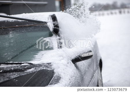 Man cleans the car from the snow with a brush. Bad snow weather concept. Man cleans the car from the snow with a brush. Bad snow weather concept. 123073679
