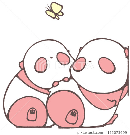 Baby pandas leaning against a wall and looking up at a butterfly (red) 123073699