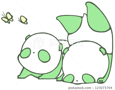 A baby panda looking up at a butterfly and a baby panda (green) falling on its head and hanging upside down 123073704