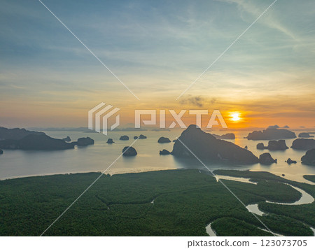 Aerial view colorful sky at sunrise over Samet Nang Chee viewpoint. Aerial view colorful sky at sunrise over Samet Nang Chee viewpoint. 123073705