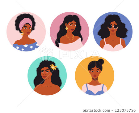 Beautiful African American Woman. Female Portrait set. Isolated round avatar with bright ethnic girls Vector illustration. Character for Women's Day, Mother's Day and Birthday Greeting Design 123073756