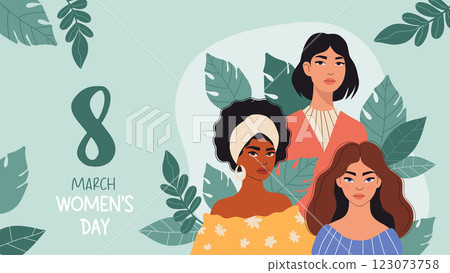 Women's Day March 8. Cute Diverse Woman. Female Portrait with leaves on green background. International Holiday Horizontal Banner. Vector illustration. Celebration and feminism concept 123073758