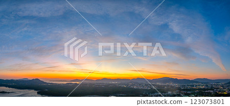 Aerial view of Panoramic Sunset Over Coastal Cityscape of Phuket 123073801