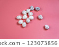 Easter eggs on a pink background. Easter celebrations concept.  123073856