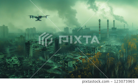 A military drone flying over the abandoned city of Pripyat and destroyed Chernobyl Nuclear Power Plant 123073965